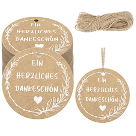 Pack of 100 A Heart Thank You Gift Tags, 5.5 cm Round Thank You Cards Pendants, Thank You Gifts, Kraft Paper Tags with String 20 m, Label Tags for Weddings, Parties, DIY Gifts