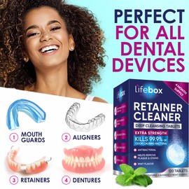 Retainer Cleaner Tablets - 120 Denture Cleaning Tablets & Aligner Cleaner - Removes Odors & Stains – For Aligners, Retainers, Dentures, Night Guards - Mint Flavor
