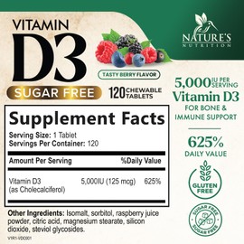Vitamin D3 5000 IU (125 mcg) Per Serving - Extra Strength Vitamin D Chewable for Immune Support Health - Bone, Teeth and Muscle Supplements - Sugar Free, Gluten Free, USA Bottled - 120 Count Tablets