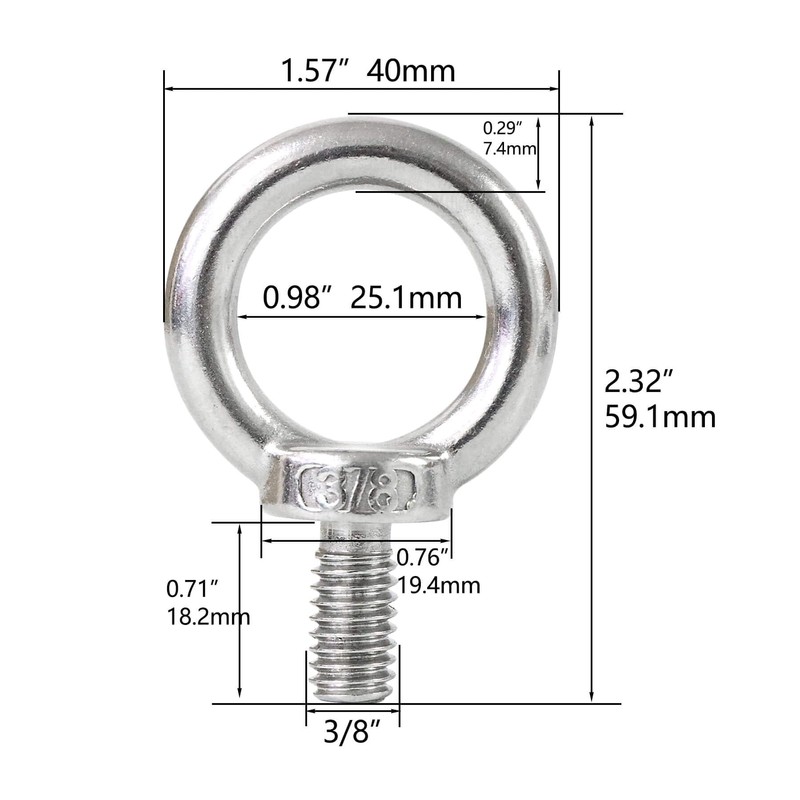 Qlvily 4 Packs 316 Stainless Steel 3/8" UNC Eye Bolt,