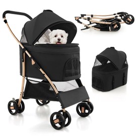 Giantex 3-in-1 Folding Dog Stroller Detachable Carrier Car Seat, 4 Wheels Pet Travel Stroller with Adjustable Canopy, Storage Basket for Small Medium Dogs Cats Puppy (Black & Rose Gold)