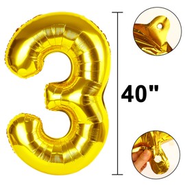 40 Inch Gold Balloon Number 3 Balloon,Number Balloons Gold Big Giant Jumbo Number 3 Foil Mylar Balloons for 13th Birthday Party Anniversary Events,Wedding Anniversary Party Decorations