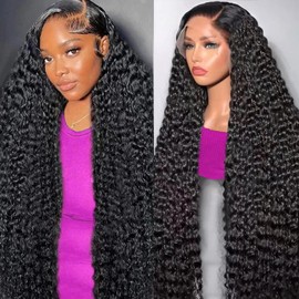 FCUFCU 32 Inch Deep Wave Lace Front Wigs Human Hair 180% Density 13x6 HD Lace Frontal Wigs Human Hair Pre Plucked with Baby Hair Deep Curly Wigs for Black Women Natural Color