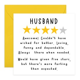 Husband Appreciation Card – 4-Stars Review Design – Humorous Greeting for Him, Fathers, Daddy, Spouse, Partner, Men -For Anniversary, Valentine’s Day, Birthdays , Fathers Day - Comes with Stickers