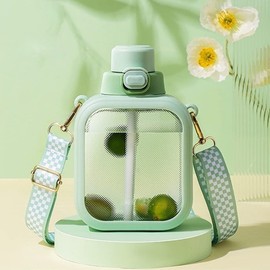 NUFR 24 Oz Square Transparent Water Bottle, Cute Portable Travel Canteen with Adjustable Strap 700ml (Green)