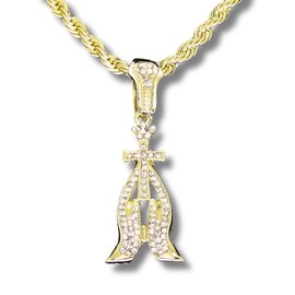 Praying Hands w/Cross Cz Pendant 14k Gold Plated 24" Rope Chain Hip Hop Necklace