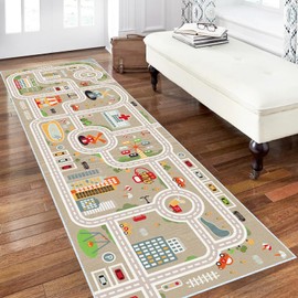 Kids Car Train Rug, 2'6" x 8' Boys Play Carpet, Floor Mat Playmat for Playroom Bedroom Kids Toddler Room，Non Slip Rug Backing (Grey, 2'6" x 8')