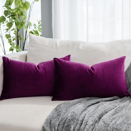 QUAFOO Purple Decorative Lumbar Velvet Throw Pillow Covers 12x20 inch Set of 2 with Zipper Luxury Soft Solid Rectangle Cushion Covers Case for Sofa Couch Bed Living Room