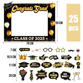 25pcs Graduation Photo Booth Props Class of 2025 Photo Booth Frame Black Gold Glitter Congrats Grad Party Photo Props for College High School