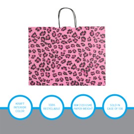 SSWBasics Large Pink Leopard Paper Shopping Bags - 16'L x 6'D x 12 'H - Case of 100 - Sturdy and Durable Paper Bags with Handles - Stylish Paper Bag for Retail