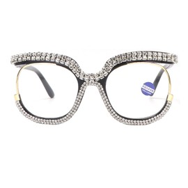 FUPRECIOUS Lesebrille mit Strass für Damen, übergroß, stilvoll, rund, blaues Licht, blockierende Brille
