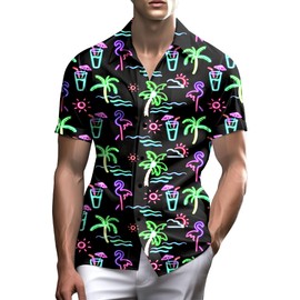 Mens Neon Flamingo Shirt for Men,80s Mens Disco Shirt Neon Mens Button Up Shirts,Hawaiian Shirt Beach Shirts for Men