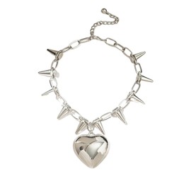 Chunky Puffy Heart Pendant Necklace For Women Men Silver Statement Punk Gothic Spike Rivet Chain Choker Big Puffed Love Heart Charm Collar Necklaces Streetwear Y2k Trendy Jewelry Accessories Gifts,
