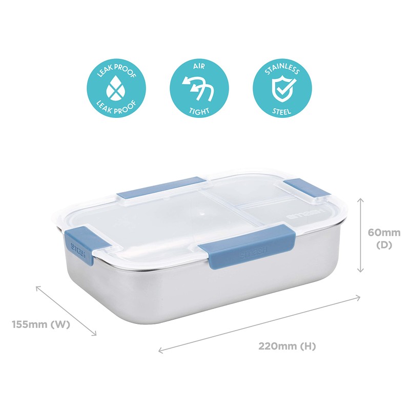 Smash Stainless Steel Bento Lunch Box, 3 Compartments, Blue, 1300ml