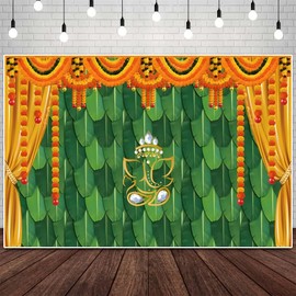 Pooja Backdrop Decoration India for Photography Traditional India Puja Hindu Festive Props Wedding Party Decor Banana Leaf Green Holi Diwali Decorations Props 7X5FT