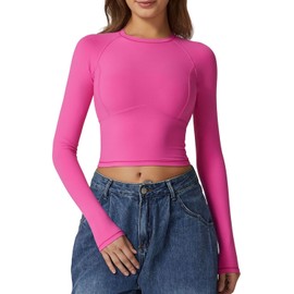 QINSEN Round Neck Seam Cup Tee Shirts for Women Long Sleeve Fitted Crop Tops Winter Double Lined Basic Tops Magenta XS