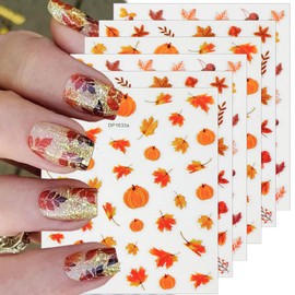 6 Sheets Fall Nail Stickers 3D Self-Adhesive Maple Leaf Nail Art Stickers for Nail Art Pumpkins Leaf Nail Design Autumn Nail Decals Thanksgiving Nail Art Supplies for Women Acrylic Nails Decoration