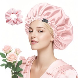 Silk Bonnet for Sleeping Women, Double Layer Soft Ajustable Elasticity Band Satin Bonnet for Sleeping Hair - Sleep Shower Caps (Pink+Pink)
