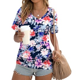 Anydoll 2025 Ladies Summer Tunic Tops Short Sleeve Shirts V Neck Casual Dressy Blouse Soft comfort Floral Tee Small