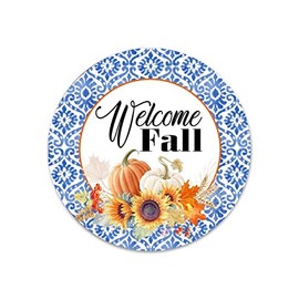 Welcome Fall Blue And Orange Pumpkin Metal Wreath Sign 9 Inches Round Metal Sign Bar Family Name Metal Wall Decor Signs Choose Your Size Circle Shaped Fall Wreath Attachment Metal Signs Custom