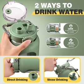 BLUEGO 64oz Water Bottle Glass with Stainless Steel Handle Large Water Bottle with Time Markers and Silicone Sleeve Half Gallon Water Jug BPA Free for Gym Daily Use, Olive