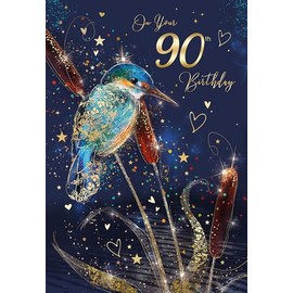 Cherry Orchard Happy 90th Birthday Card with Artistic Kingfisher Design with Gold Foil Detailing and Gold Envelope from The Grayson Range
