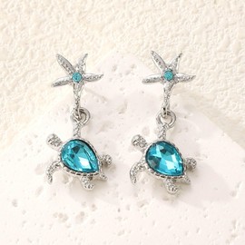 Zeshimb Boho Starfish Turtle Earrings Blue Crystal Sea Turtle Dangle Drop Earrings Diamond CZ Starfish Stud Earrings Summer Beach Tortoise Animal Statement Earrings Ocean Jewelry for Women