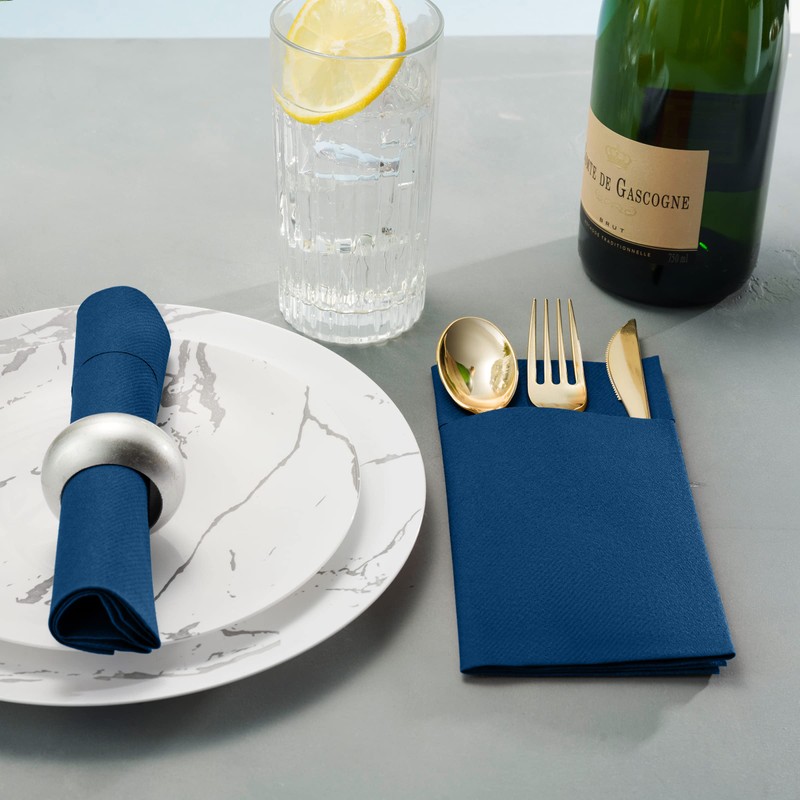 Disposable Linen-Feel Dinner Napkins With Built-in Flatware Pocket, 50-Pack BLUE