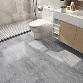 FunStick 12"x24" Grey Marble Peel and Stick Floor Tile Waterproof Bathroom Vinyl Flooring Tiles Peel and Stick on Floor Tiles for Kitchen Bedroom Removable Sticky Laminate Flooring Tile Sheets 5 Pcs
