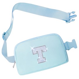 COSHAYSOO Blue Belt Bag Small Waist Fanny Pack Crossbody Purse with Initial Letter Patch for Teen Girl Women, Nylon Cross Body Travel Everywhere Hip Pouch Trendy Preppy Christmas Gift (T)