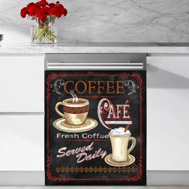 Yosa Black Dishwasher Cover Sticker Morning Coffee Decor Kitchen Refrigerator Magnet Home Coffee Tea Dishwasher Washer Panel Decal, 23x26inch( Magnetic )