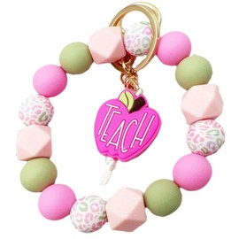 Phamines Wristlet Bracelet Keychain for Teacher's Day, Apple TEACH Silicone Beaded Keychain for Teacher,gift from student (Pink Bracelet Keychain)