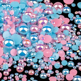 50g Flatback Pearls and Rhinestones Set 6-Pink&Light Blue, Mixed Size 3-10mm Resin Rhinestones and Half Pearls for Nail Art and Crafts and Decoration with Tweezer and Pickup Pencil