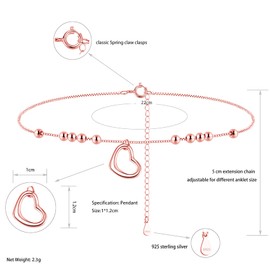 Cangall Silver Women's Anklets, 925 Sterling Silver Ankle Bracelets for Women Girls, 22+5cm Adjustable Beach Barefoot Ankle Chain Rose Gold, CZ Forever Love Beaded Anklet Bracelet for Summer Holiday