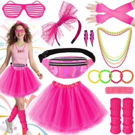 Jokureao 16 Pieces 80s Outfit Women's Set, Neon Costume Women, 80s Costumes Accessories with Tutu Skirt, Bum Bag, Headband, Mesh Gloves, Leg Warmers, Jewellery, for Party Carnival