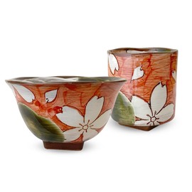 J-kitchens Kobosho Sho~ Oribe Kohiki Cherry Blossom, Kakudaki, Rice Bowl + Tea Cup Set, Red, Hasamiyaki, Made in Japan