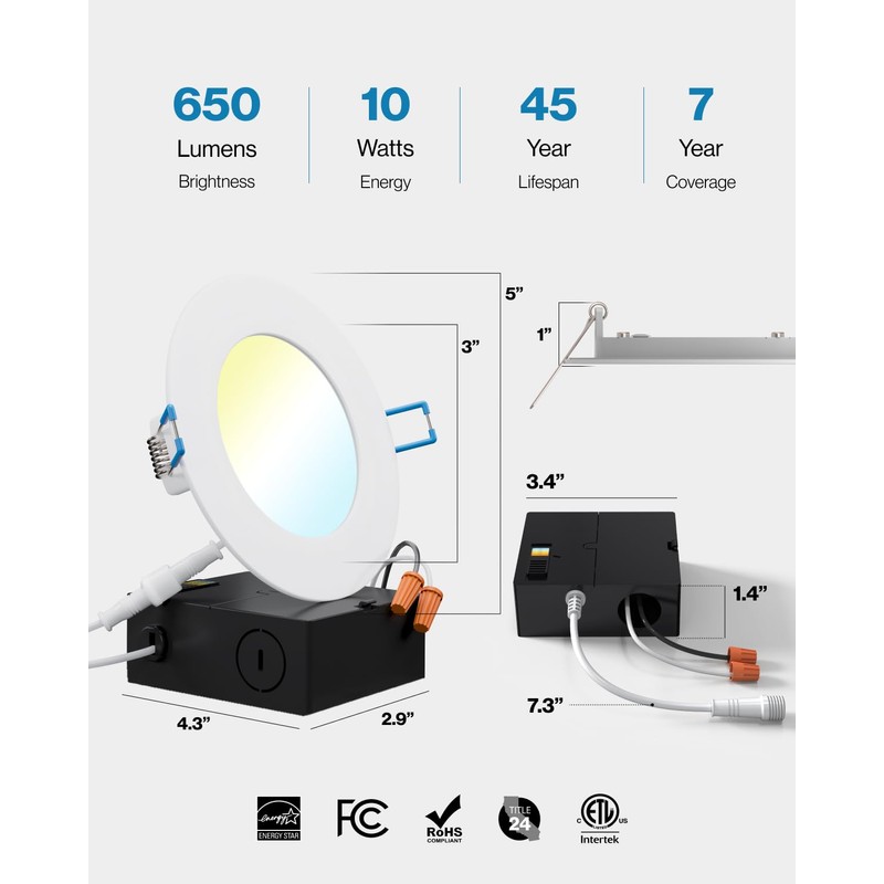 Sunco 4 Inch LED Recessed Lights, Canless Ceiling Light Slim,