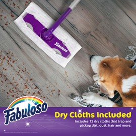 Fabuloso Dry and Wet Sweeper with Bonus 12 Dry Cleaning Pads - Clean Your Floors with Ease - 2-in-1 Sweeping and Light Mopping, Lightweight, Swivel Low-Profile Dust Mop, Purple