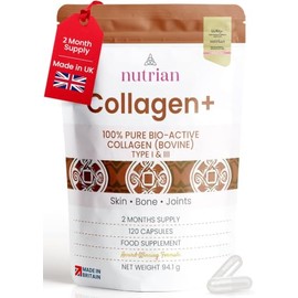 Collagen+ | 1200mg Bio-Active Hydrolysed 100% Bovine Collagen Peptides | Grass-Fed, Halal Certified, Made in UK | Type I & III | Skin, Hair, Nails & Joint Support | 120 Capsules