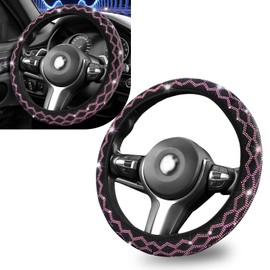 Jewkot 1 PC Bling Car Steering Wheel Cover, 14.9" Diamond Decoration Non-Slip Cover for All Seasons, No Inner Ring Tight Fit Breathable and Dustproof Protector, Universal for Cars Trucks (Pink)