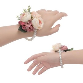 Pulseras de Ramillete de Muñeca, Ramillete de Muñeca para Novia Dama de Honor Flores Artificial Decoración para Bodas Bailes Fiestas de Graduación Regreso a Casa (Rosa)