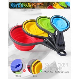 Juego de tazas y cucharas medidoras plegables, herramienta de medición de 8 piezas grabadas métricas y marcas estadounidenses para medición de líquidos y secos, ahorro de espacio, silicona