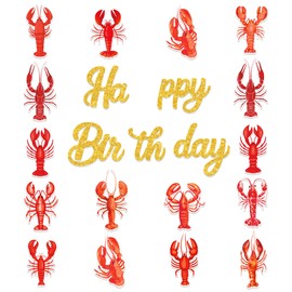 3Pcs Glitter Gold Crawfish Birthday Party Banner Lobster Boil Party Decorations Lobster Theme Banner Glitter Gold Crawfish Happy Birthday Banners Sign for Food Boil Baby Shower Partys Supplies