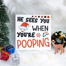He Sees You When You'Re Pooping Sign Funny Christmas Bathroom Decor Santa Bathroom Decor Wooden Box Christmas Bathroom Wall Decor Wooden Desk Decor For Bathroom Toilet Rustic Indoor Home Decor
