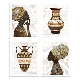 Color Play African Wall Art Black Women Pictures Traditional Ethnic Girls Prints Tribal Female Portraits Artwork with Gold Foils for Living Room Unframed 8 x 10 Inch Set of 4