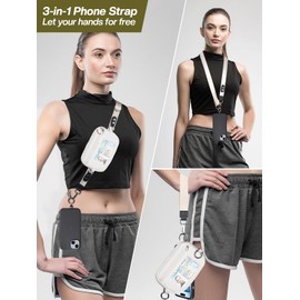 Tiostep Clip and Go Strap for Phone with Wallet Crossbody Phone Lanyard Adjustable and Detachable RFID Wristlet Wallet with ID Window and Zipper, Cream