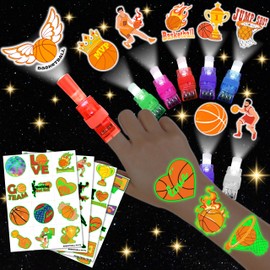 72 PCS Basketball Party Favors – 48 PCS Luminous Tattoos & 24 PCS LED Finger Lights Combo – Birthday Goodie Bag Fillers, Party Supplies, Gifts Light Up Toys Glow In The Dark for Boys and Girls