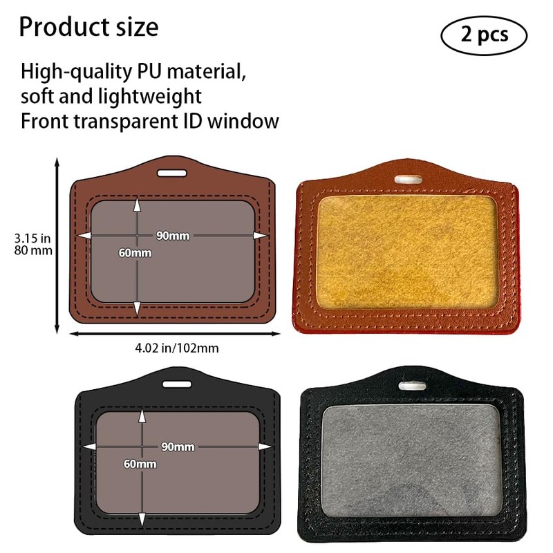 2 Pcs Black&Brown Leather ID Badge Holder, One Sided Clear