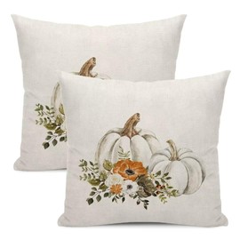 Fall Pillow Covers 18 X 18 Inch Set of 2, Fall Autumn Watercolor Pumpkin Flower Leaves Throw Pillow Covers Farmhouse Thanksgiving Decorative Autumn Pillows for Couch Home Sofa Outdoor