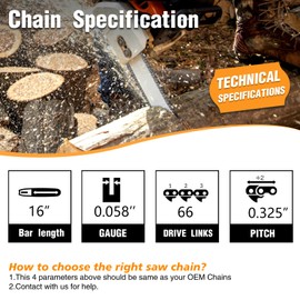 M.A.K 16 inch Chainsaw Chain 66DL Drive Link, 0.325" Pitch, 0.058” Gauge, Fit for Craftsman, Echo, Poulan, Ryobi, Worx, 3pcs